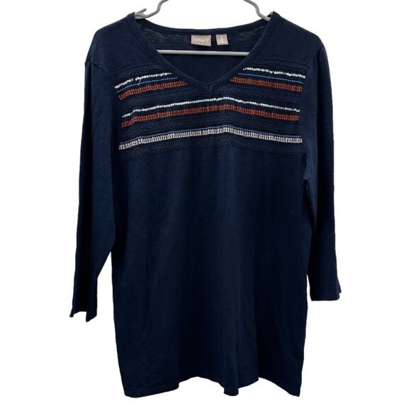 Chico's Navy Blue Red & White Lace Embroidered Sequin 3/4 Sleeve Top Size 2 (M) - Picture 1 of 10